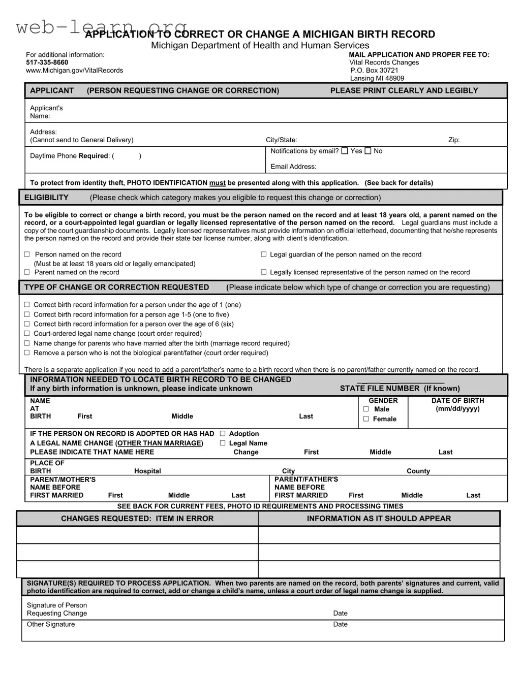 Blank Michigan Application Birth Form
