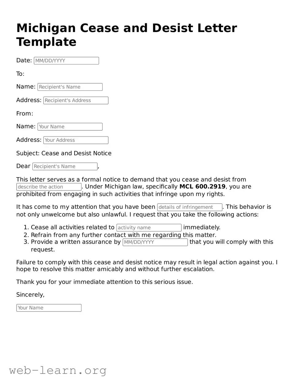 Attorney-Approved Cease and Desist Letter Document for the State of Michigan