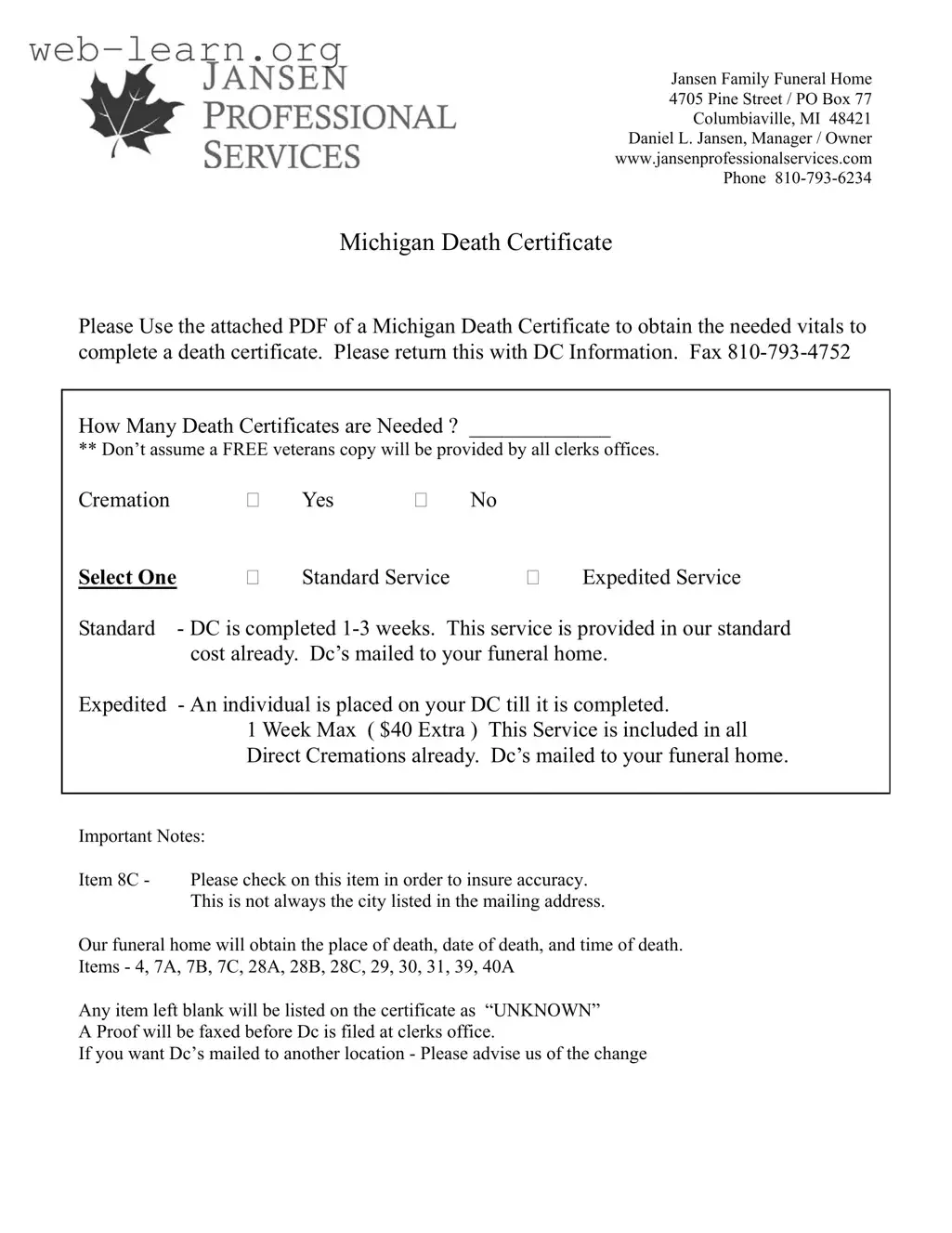 Blank Michigan Death Certificate Form