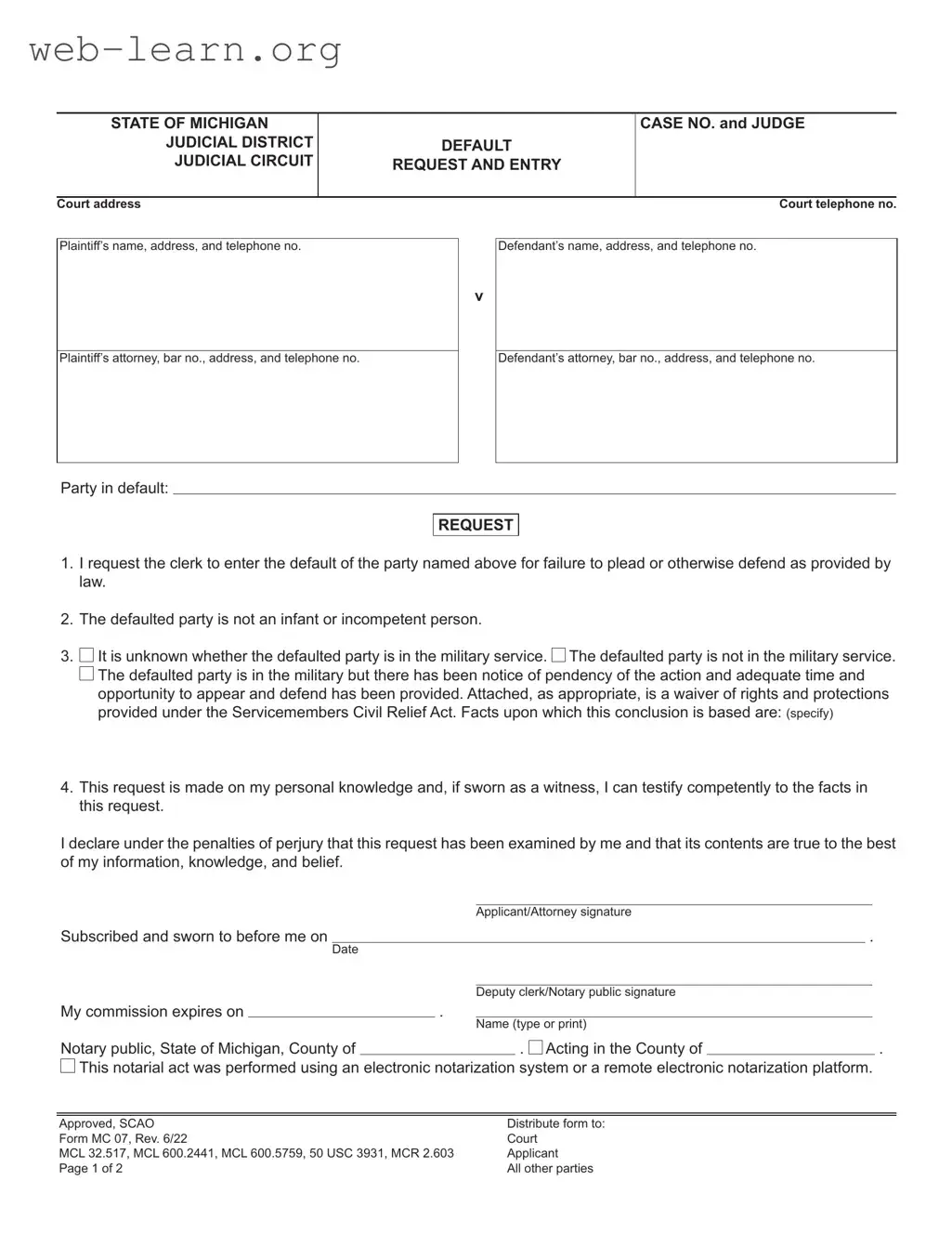 Blank Michigan Mc 07 Form