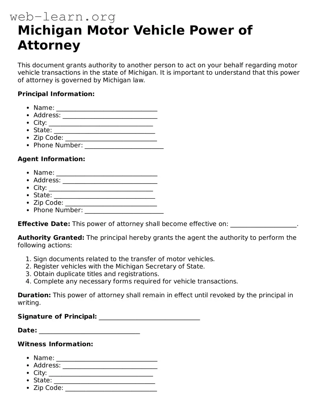 Attorney-Approved Motor Vehicle Power of Attorney Document for the State of Michigan
