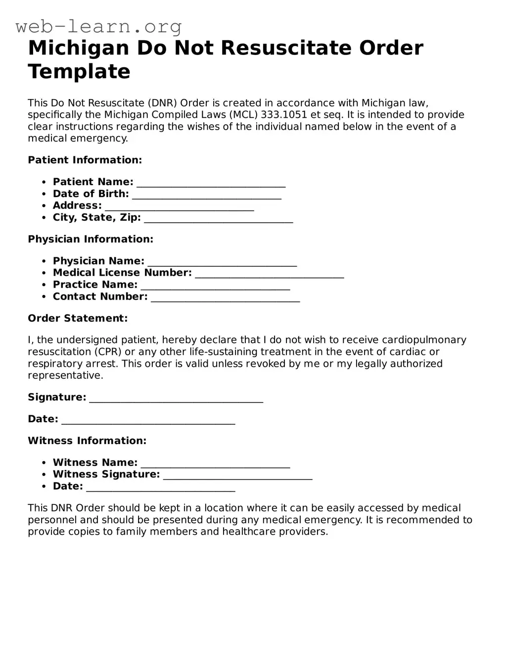 Attorney-Approved Do Not Resuscitate Order Document for the State of Michigan