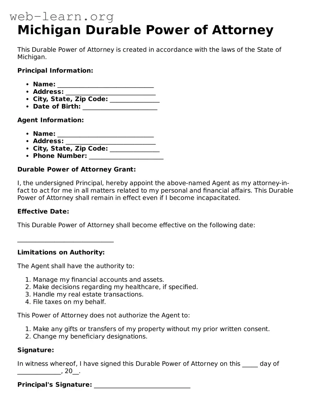 Attorney-Approved Durable Power of Attorney Document for the State of Michigan