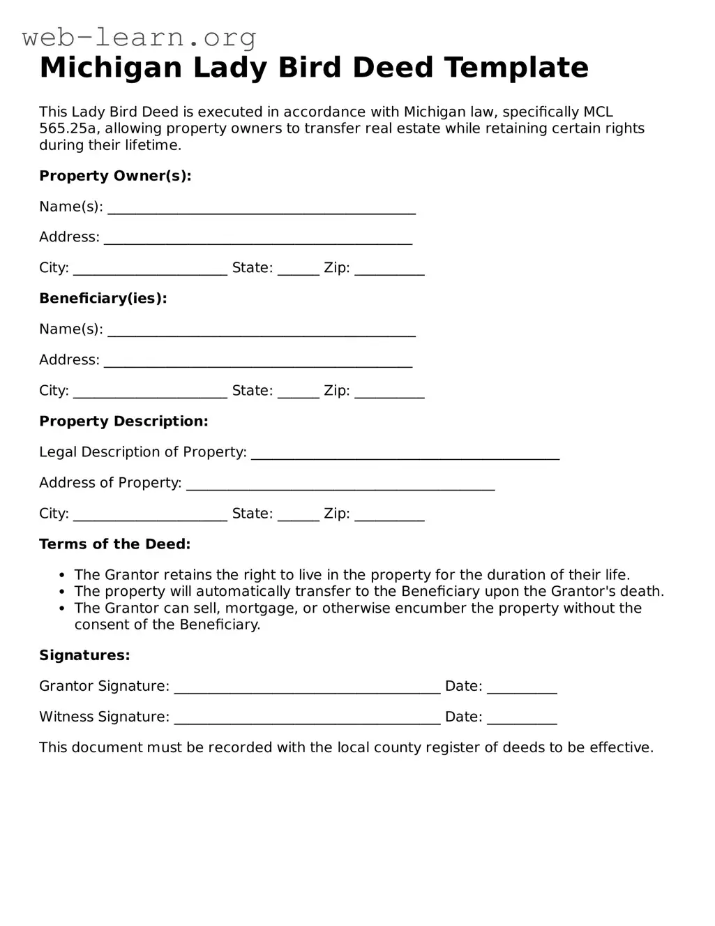 Attorney-Approved Lady Bird Deed Document for the State of Michigan