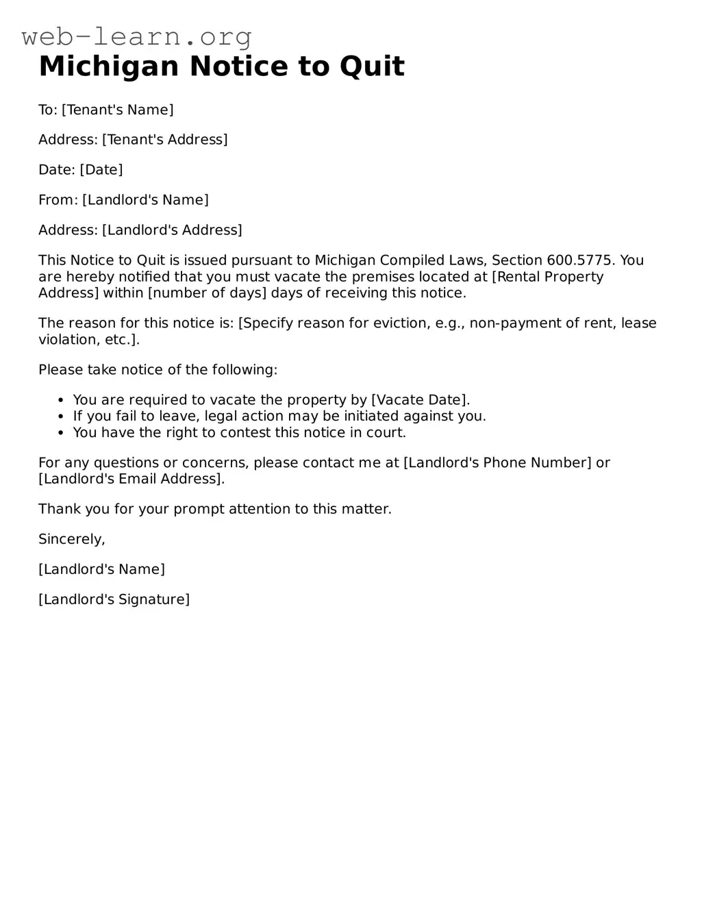 Attorney-Approved Notice to Quit Document for the State of Michigan
