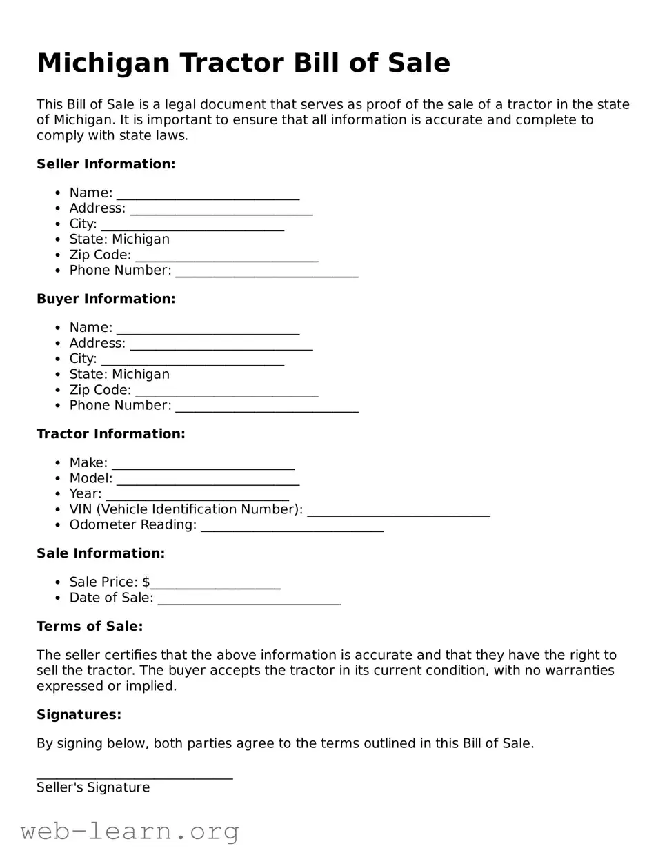 Attorney-Approved Tractor Bill of Sale Document for the State of Michigan