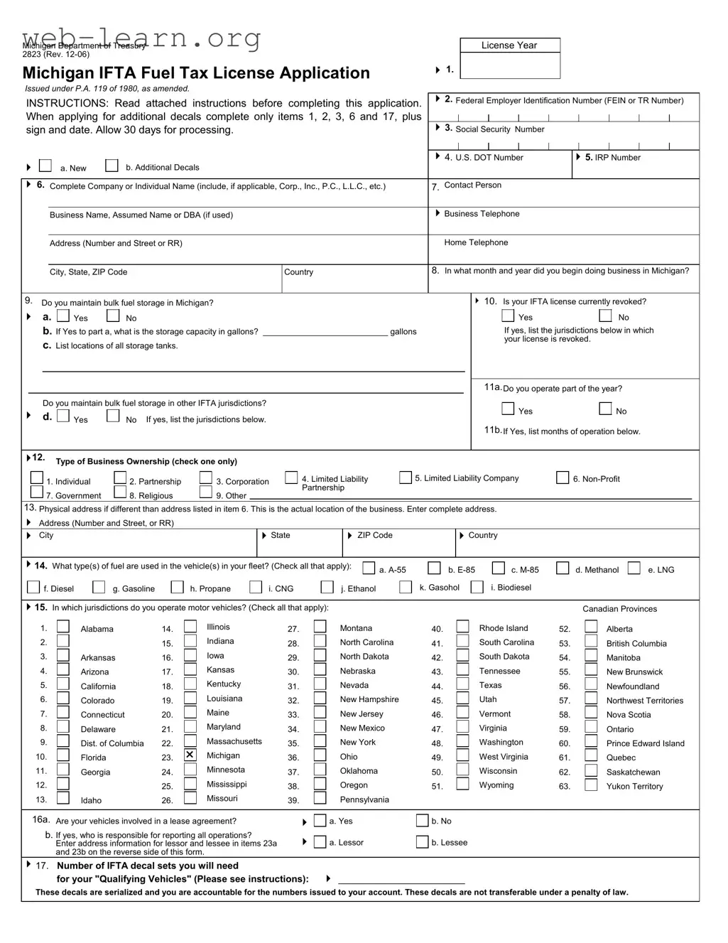 Blank Michigan 2823 Form