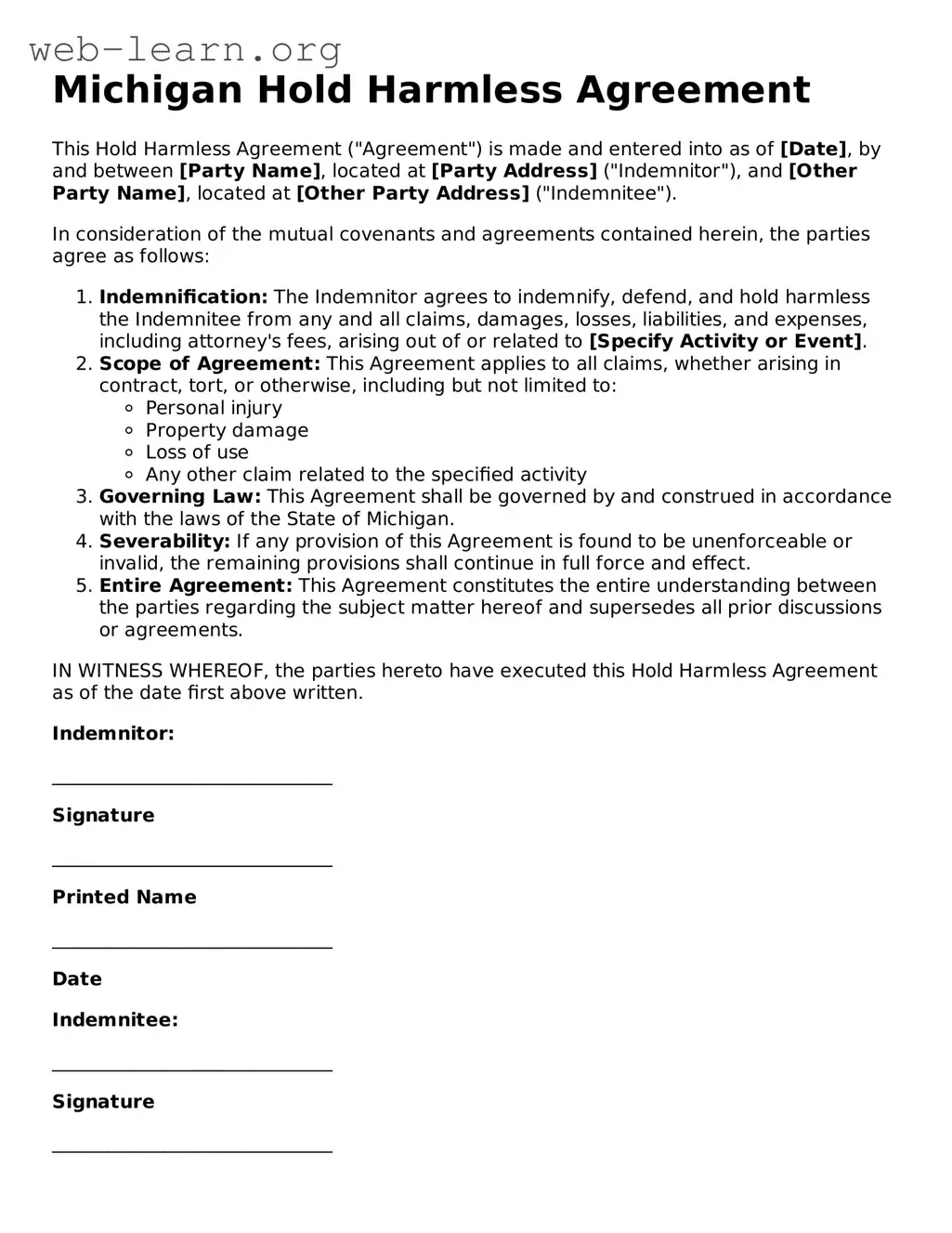 Attorney-Approved Hold Harmless Agreement Document for the State of Michigan