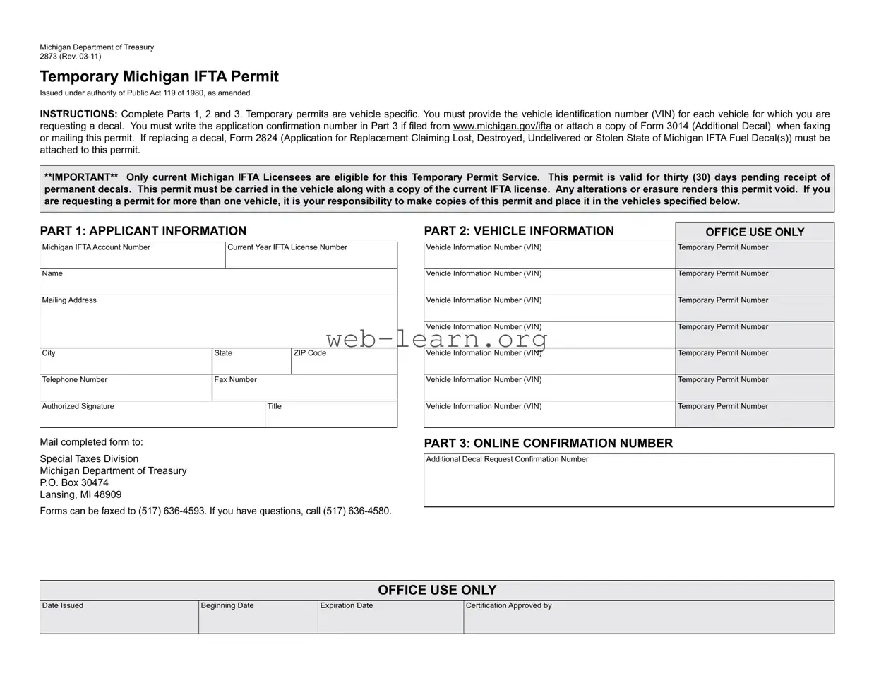 Blank Temporary Michigan Ifta Permit Form