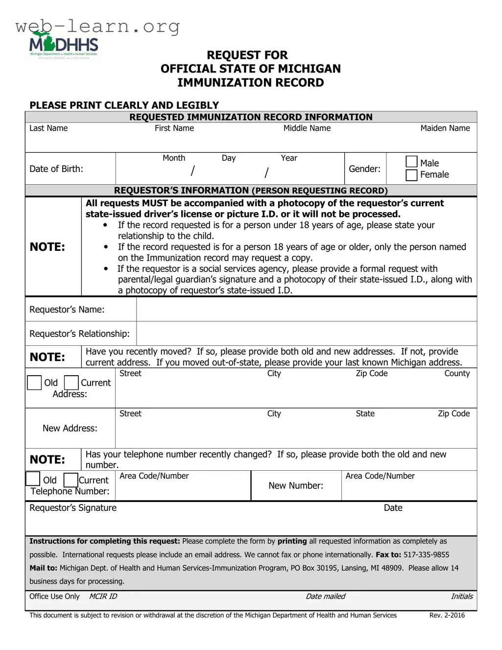 Blank Michigan Immunization Record Form