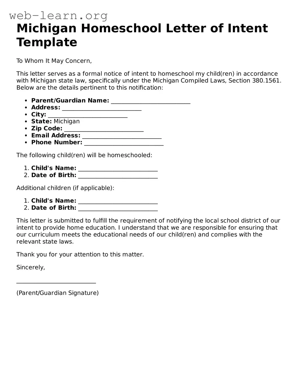 Attorney-Approved Homeschool Letter of Intent Document for the State of Michigan