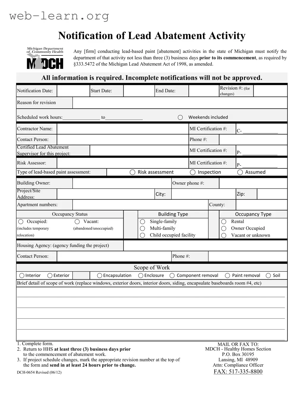 Blank Michigan Dch 0654 Form