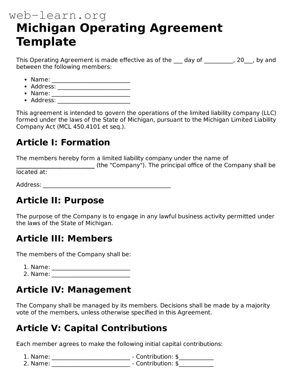 Attorney-Approved Operating Agreement Document for the State of Michigan