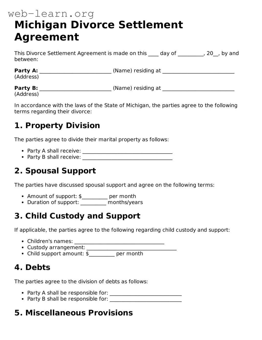 Attorney-Approved Divorce Settlement Agreement Document for the State of Michigan