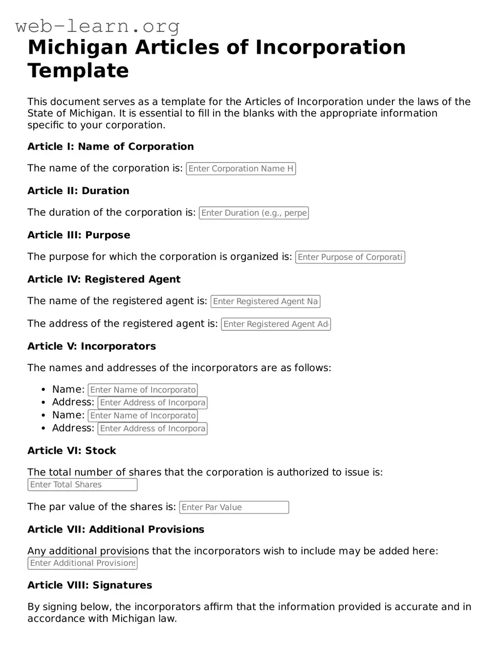 Attorney-Approved Articles of Incorporation Document for the State of Michigan