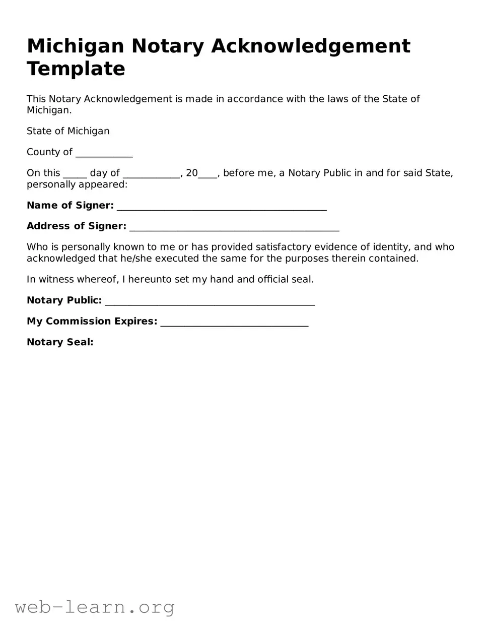 Attorney-Approved Notary Acknowledgement Document for the State of Michigan