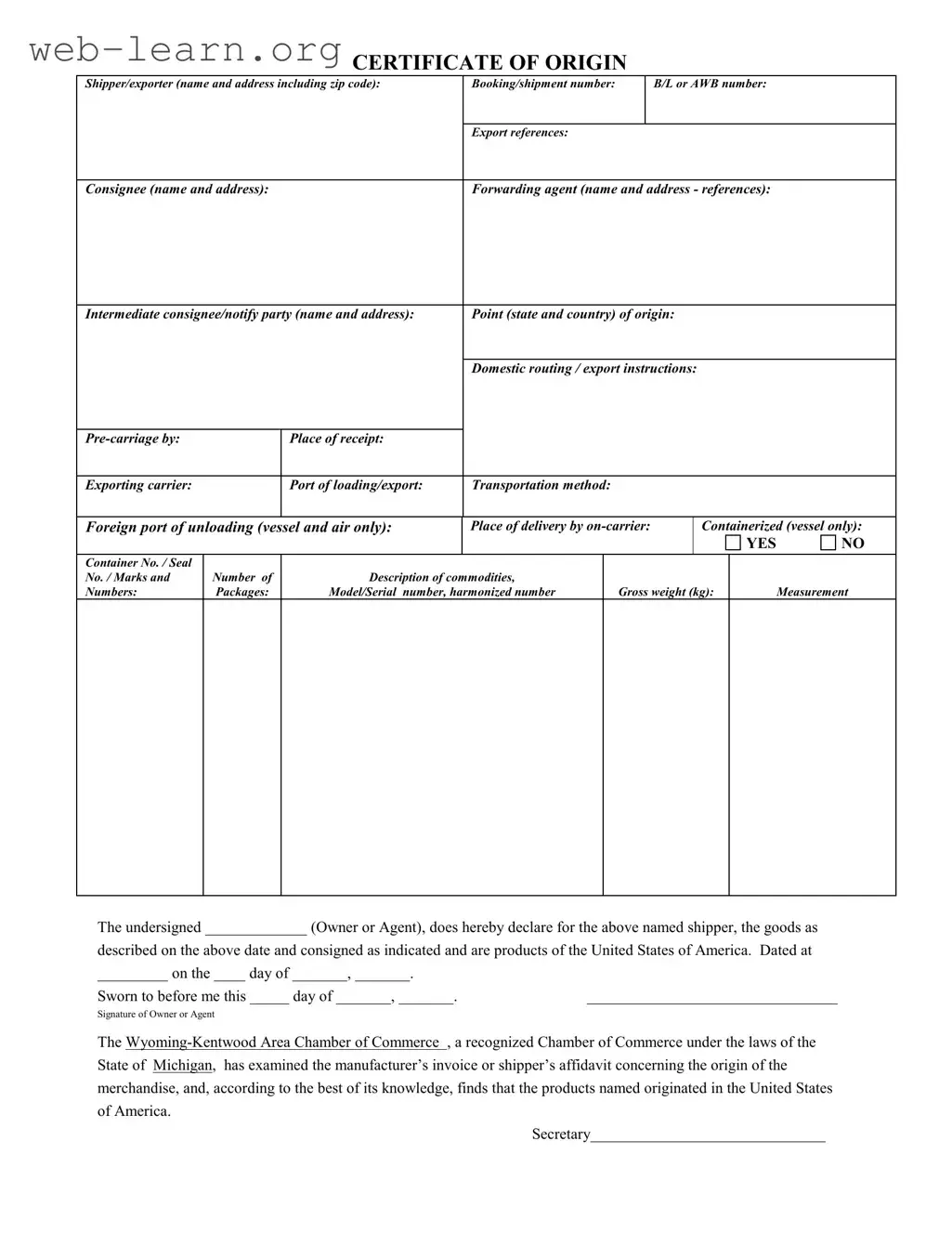 Blank Michigan Certificate Of Origin Form
