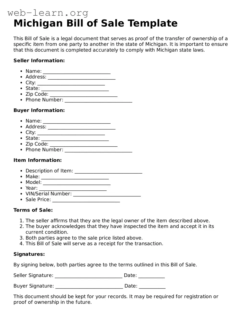 Attorney-Approved Bill of Sale Document for the State of Michigan