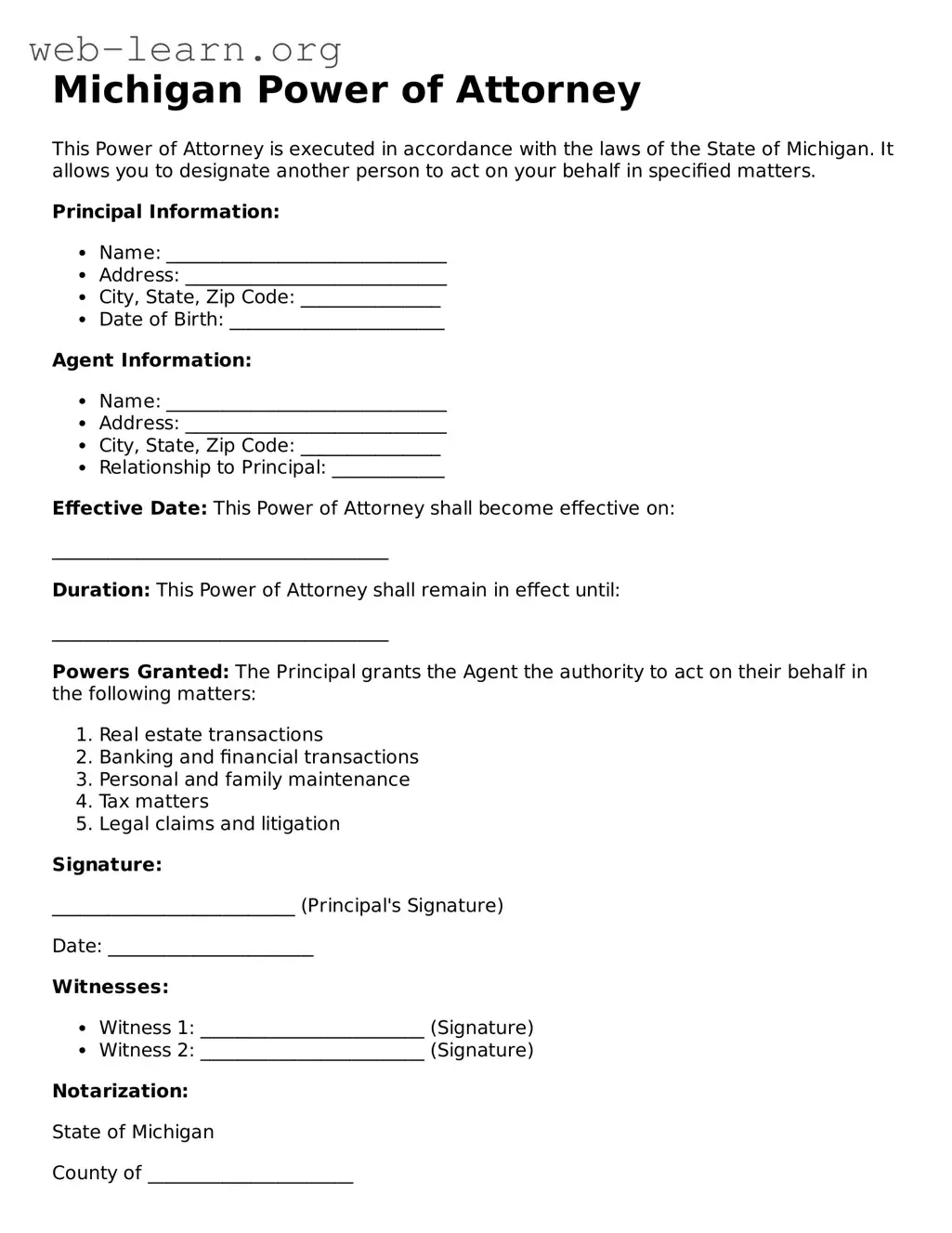 Attorney-Approved Power of Attorney Document for the State of Michigan