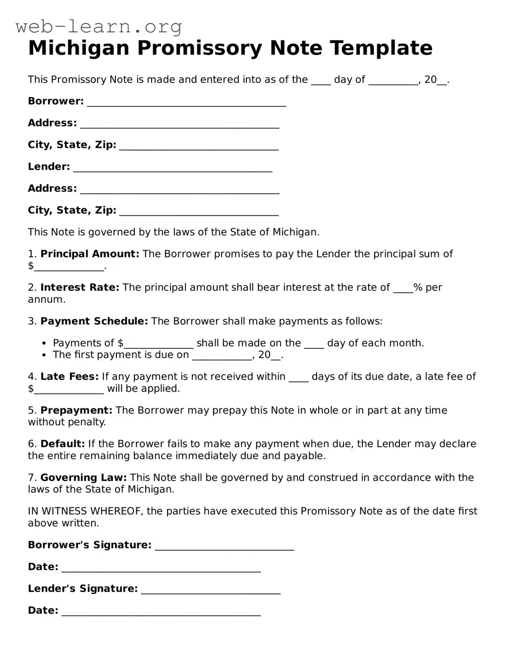 Attorney-Approved Promissory Note Document for the State of Michigan