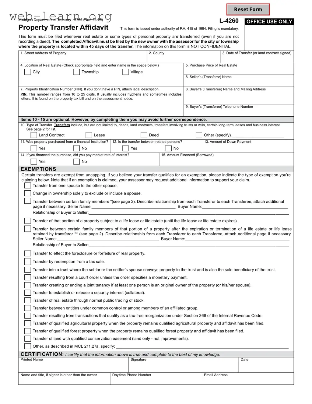 Blank Michigan Property Transfer Affidavit 2766 Form