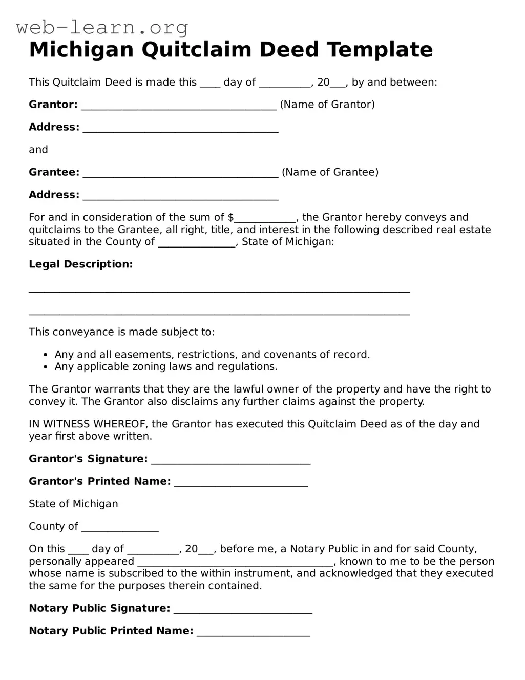 Attorney-Approved Quitclaim Deed Document for the State of Michigan