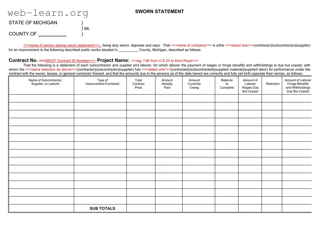Blank Michigan Sworn Statement Form