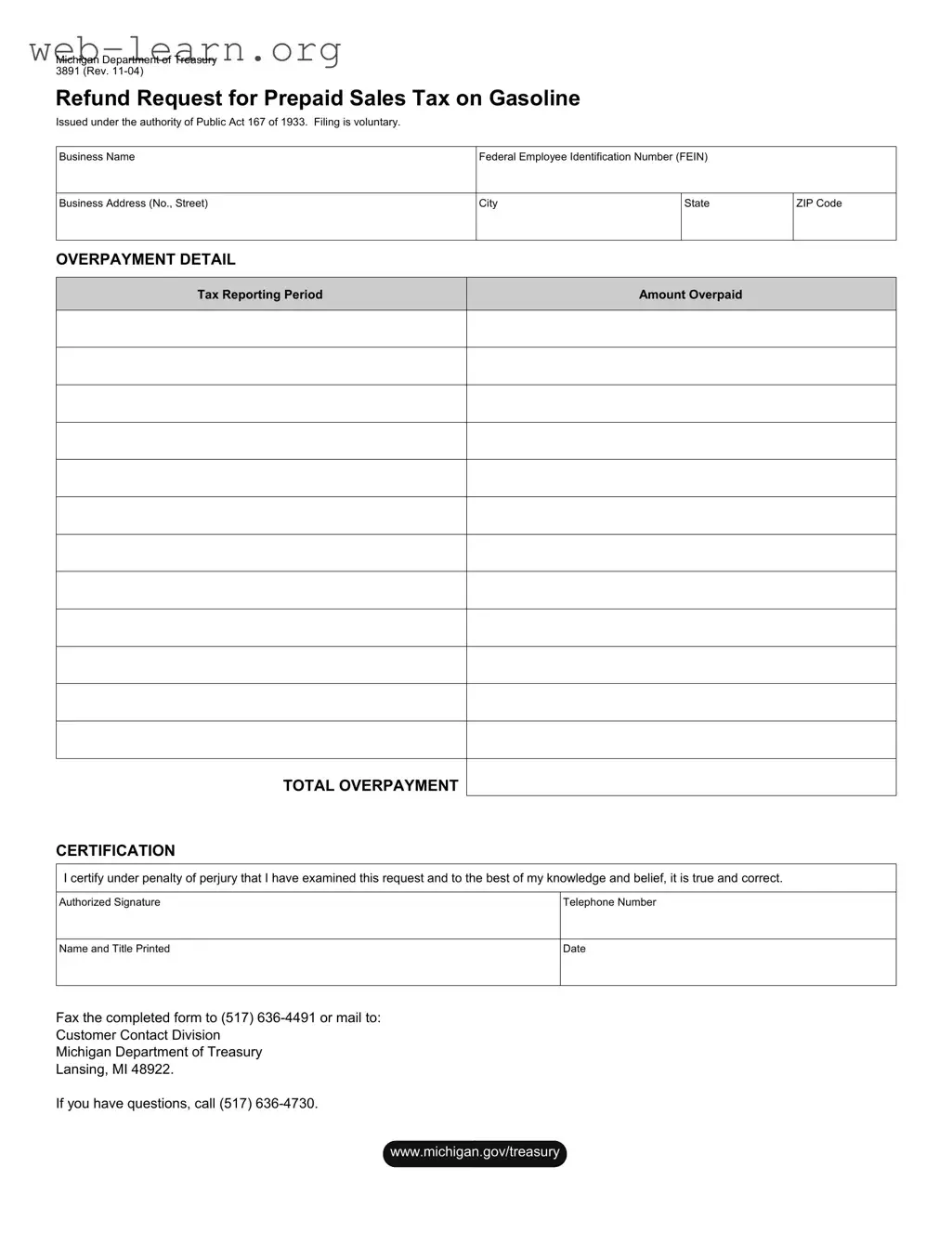 Blank Michigan 3891 Form