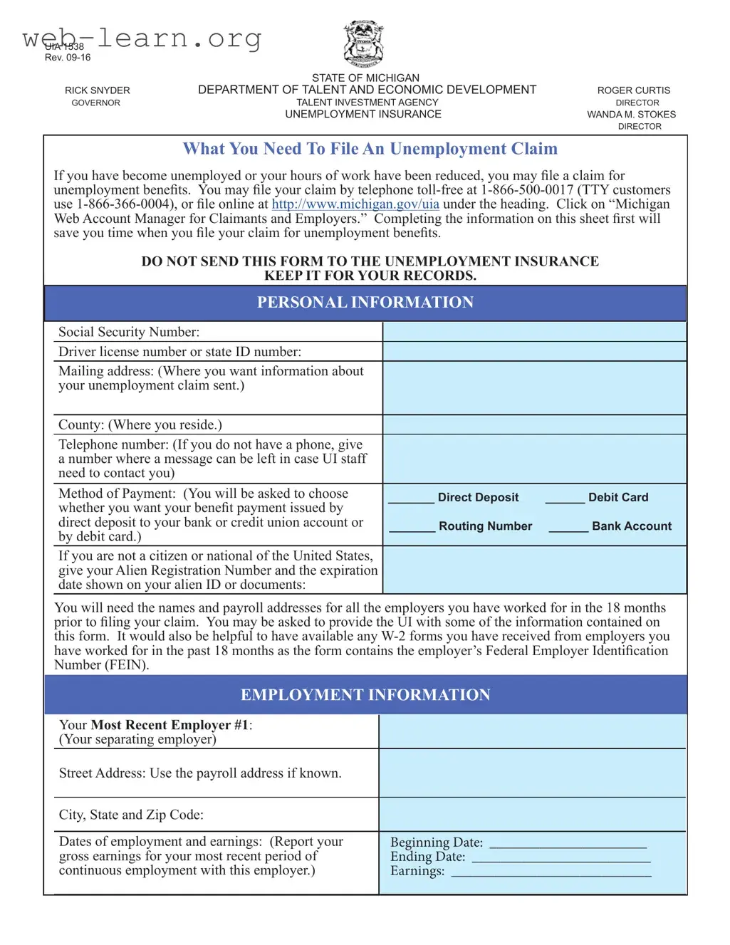 Blank Michigan Uia 1538 Form