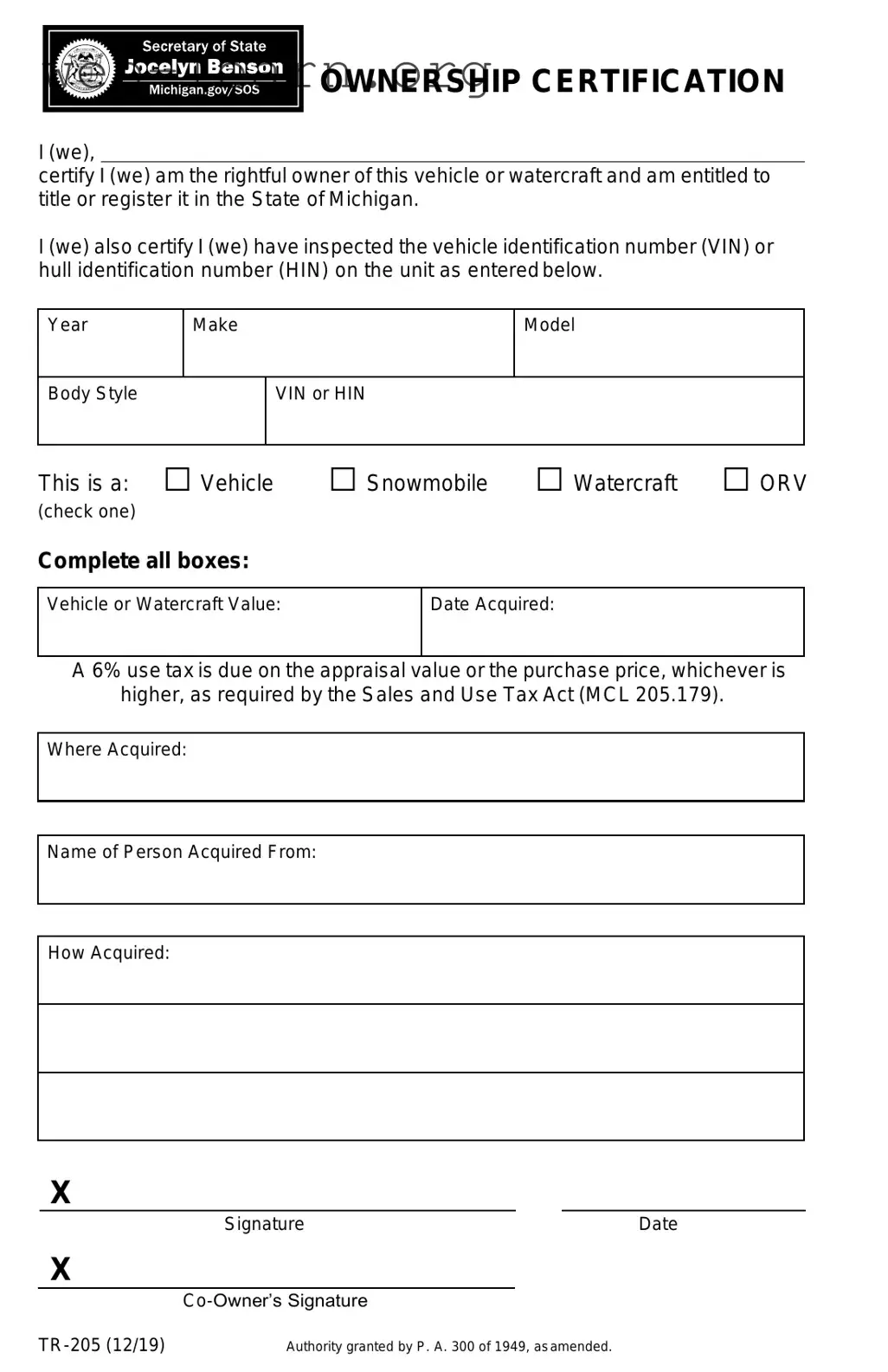 Blank Michigan Tr 205 Form