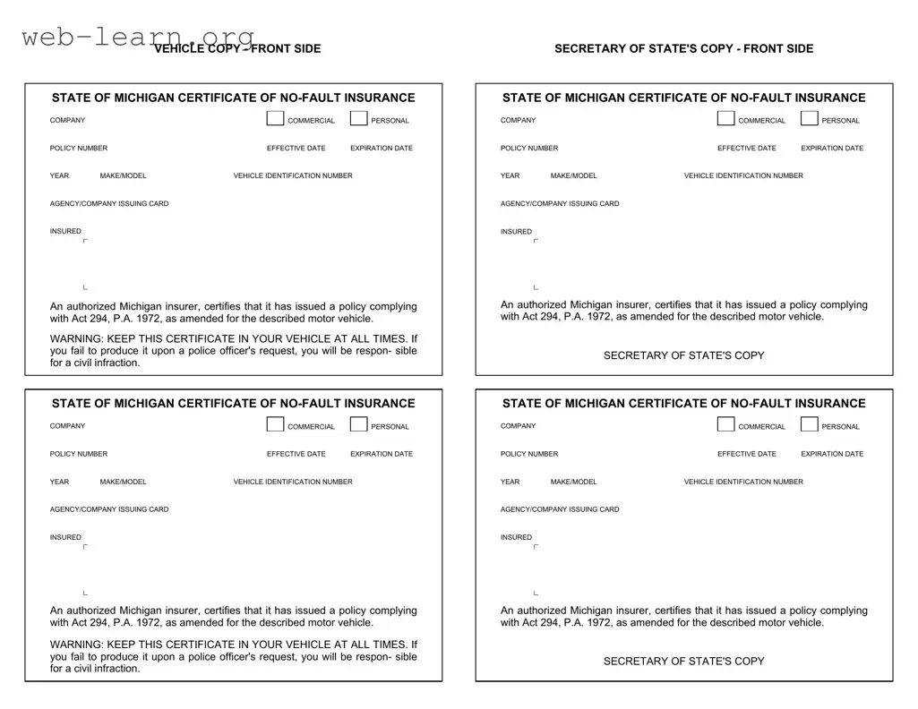 Blank Michigan No Fault Insurance Form