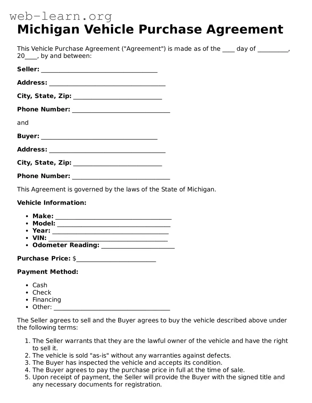 Attorney-Approved Vehicle Purchase Agreement Document for the State of Michigan