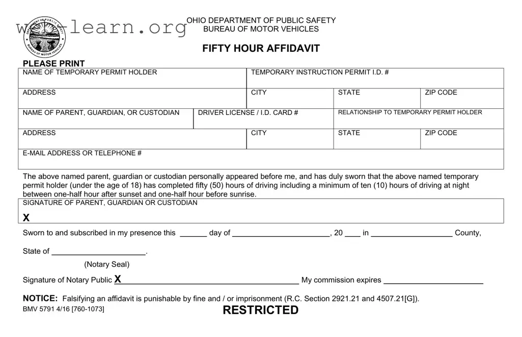 Blank Driving Fifty Hour Affidavit Form
