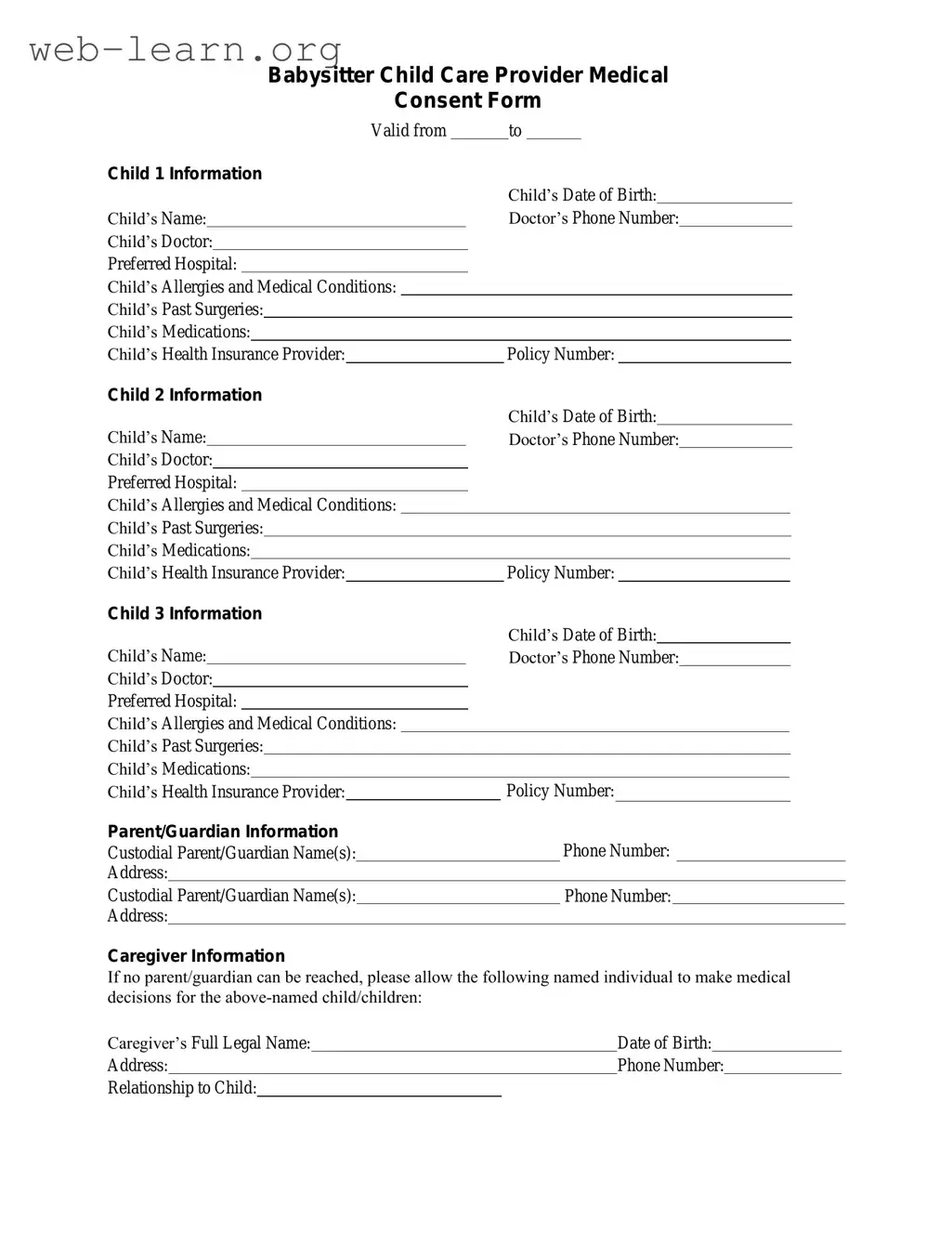Blank Medical Consent Babysitter Form