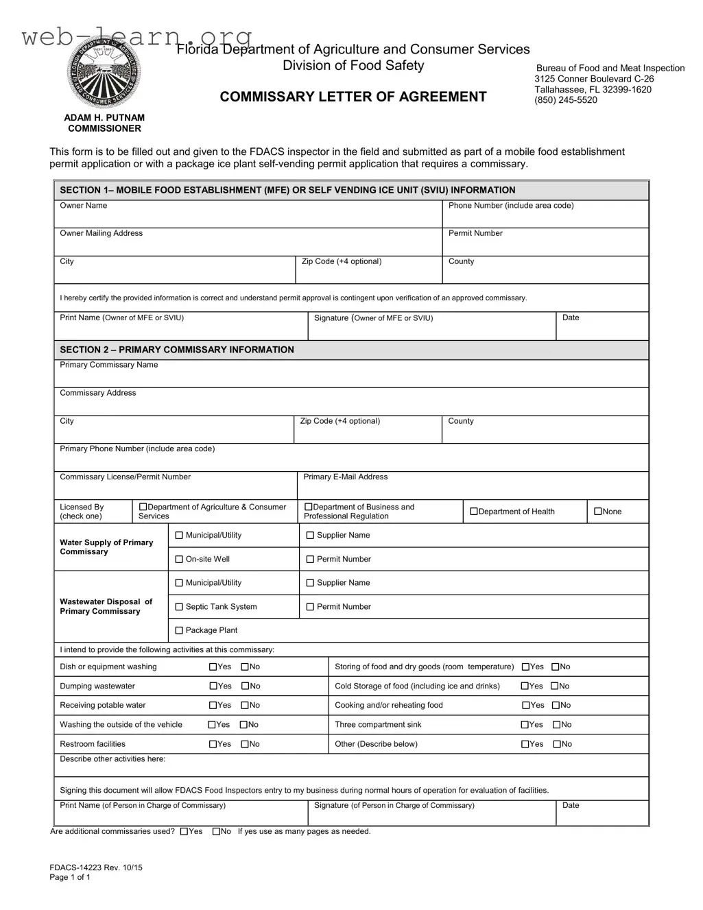 Blank Florida Commissary Letter Of Agreement Form
