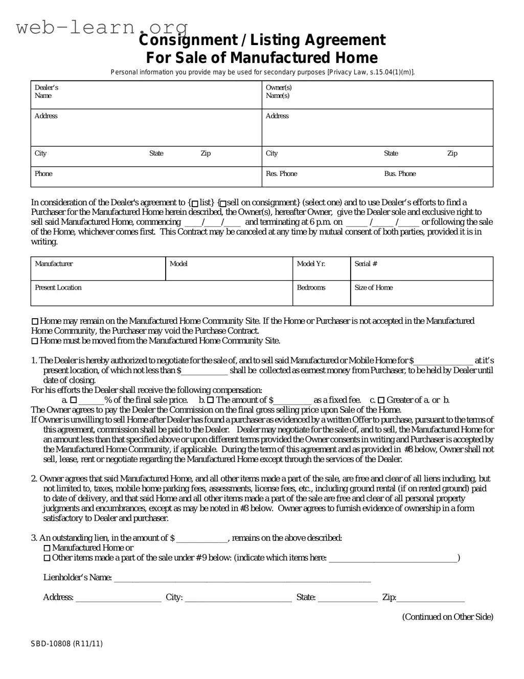 Blank Mobile Home Listing Agreement Form