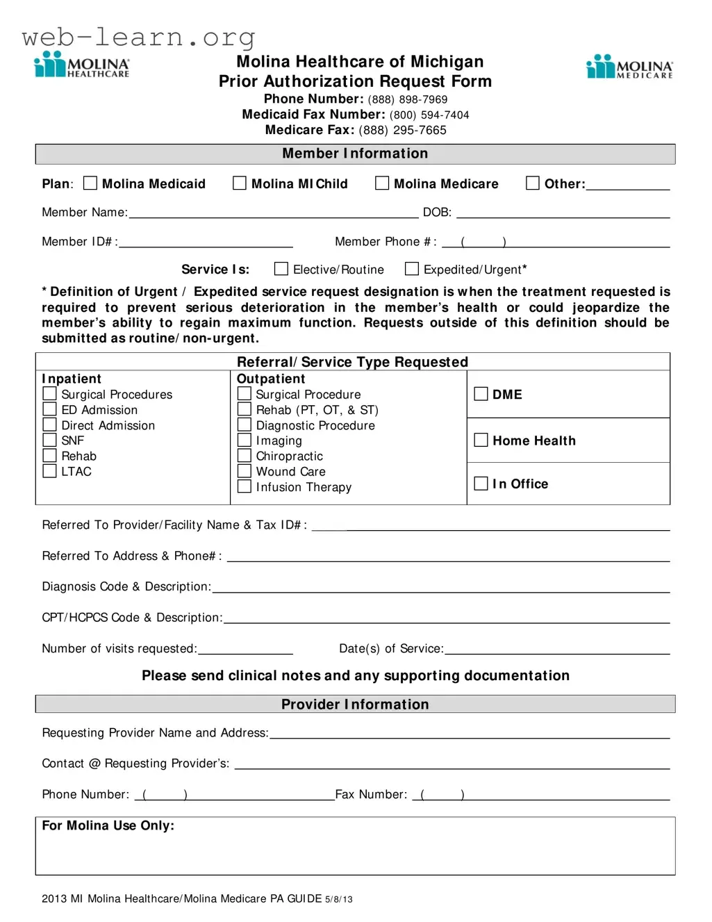 Blank Michigan Molina Prior Authorization Form
