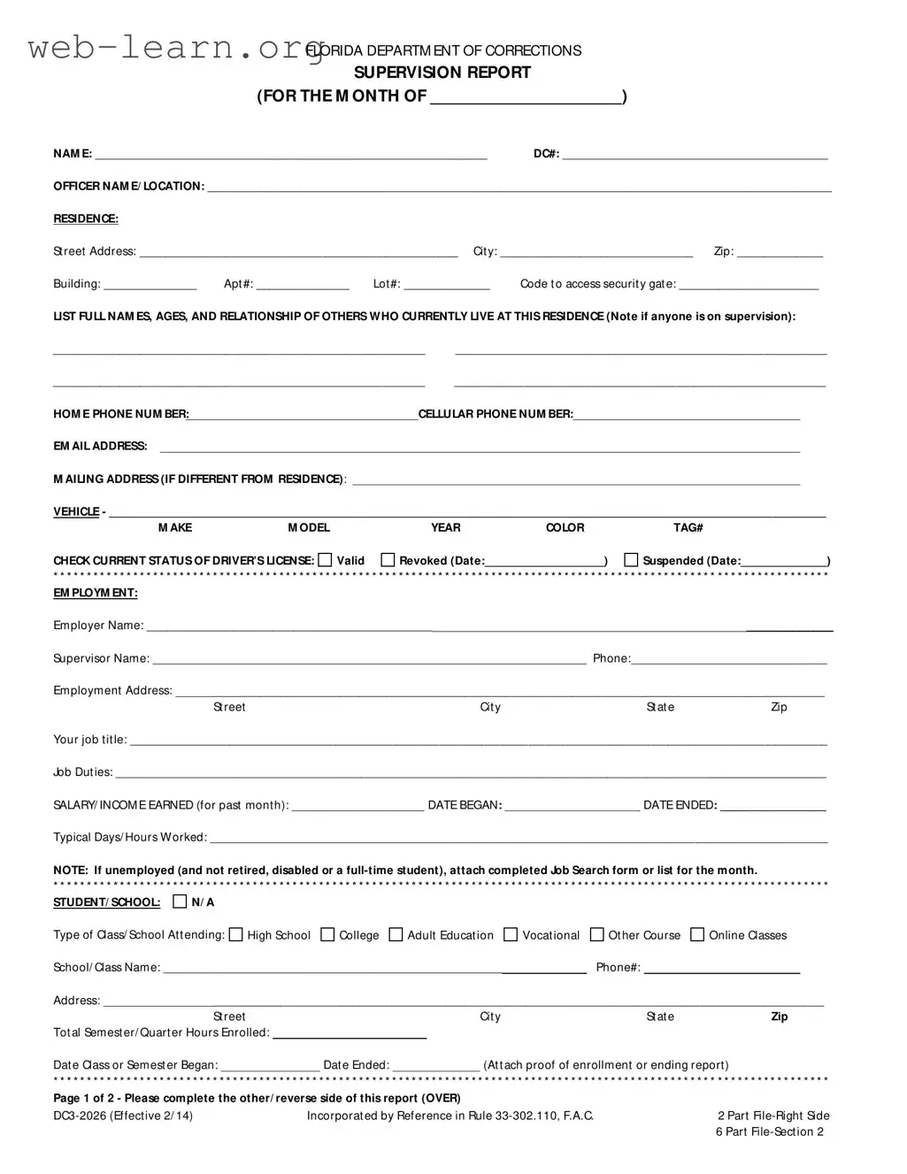 Blank Florida Supervision Report Form