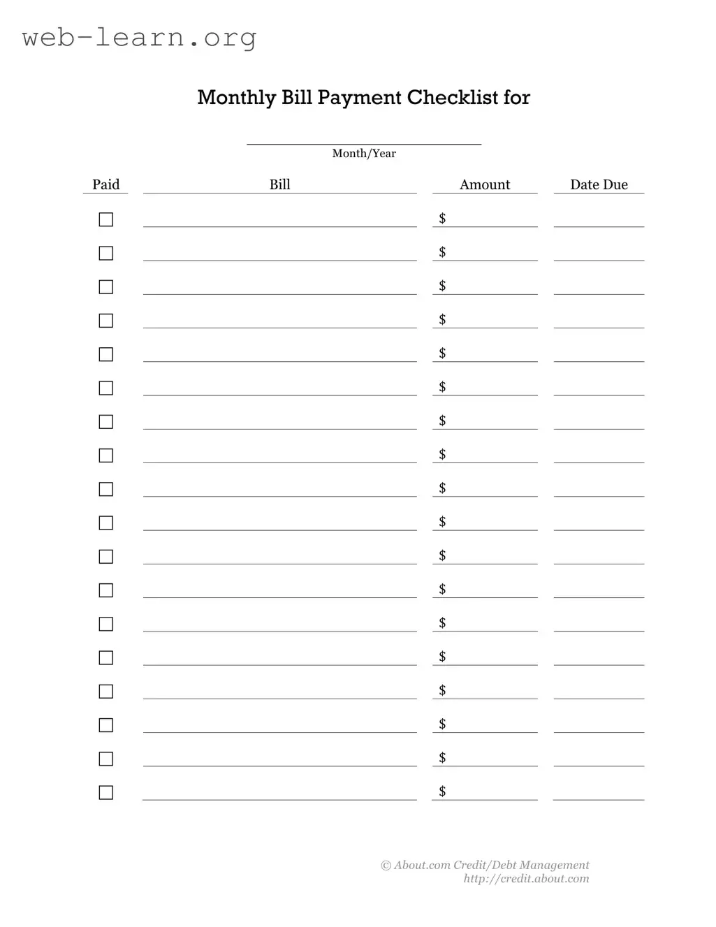 Blank Bill Payment Checklist Form