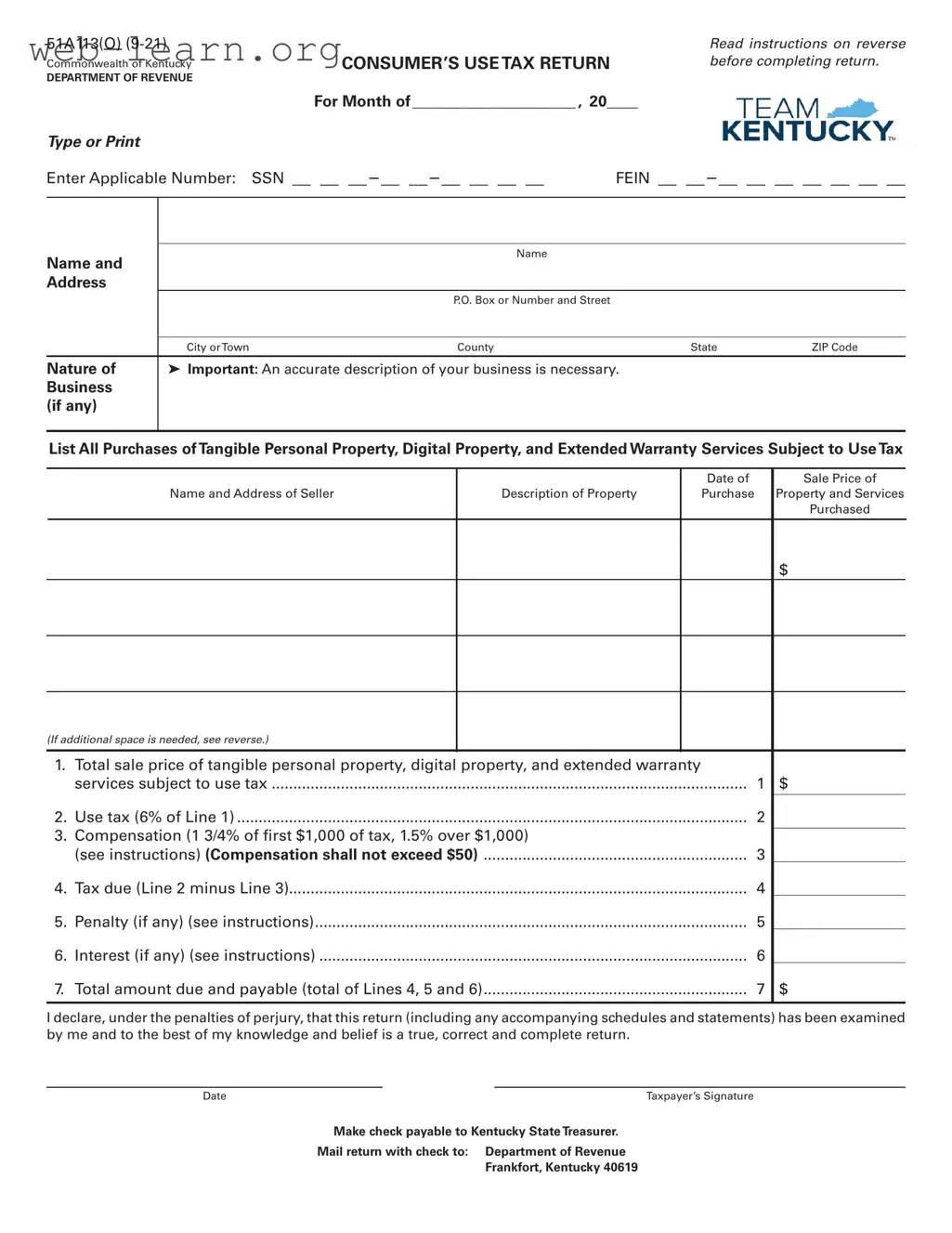 Blank Kentucky 51A113 Form