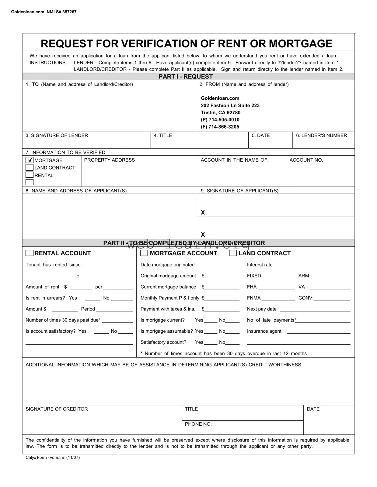 Blank Verification Rent Mortgage Form