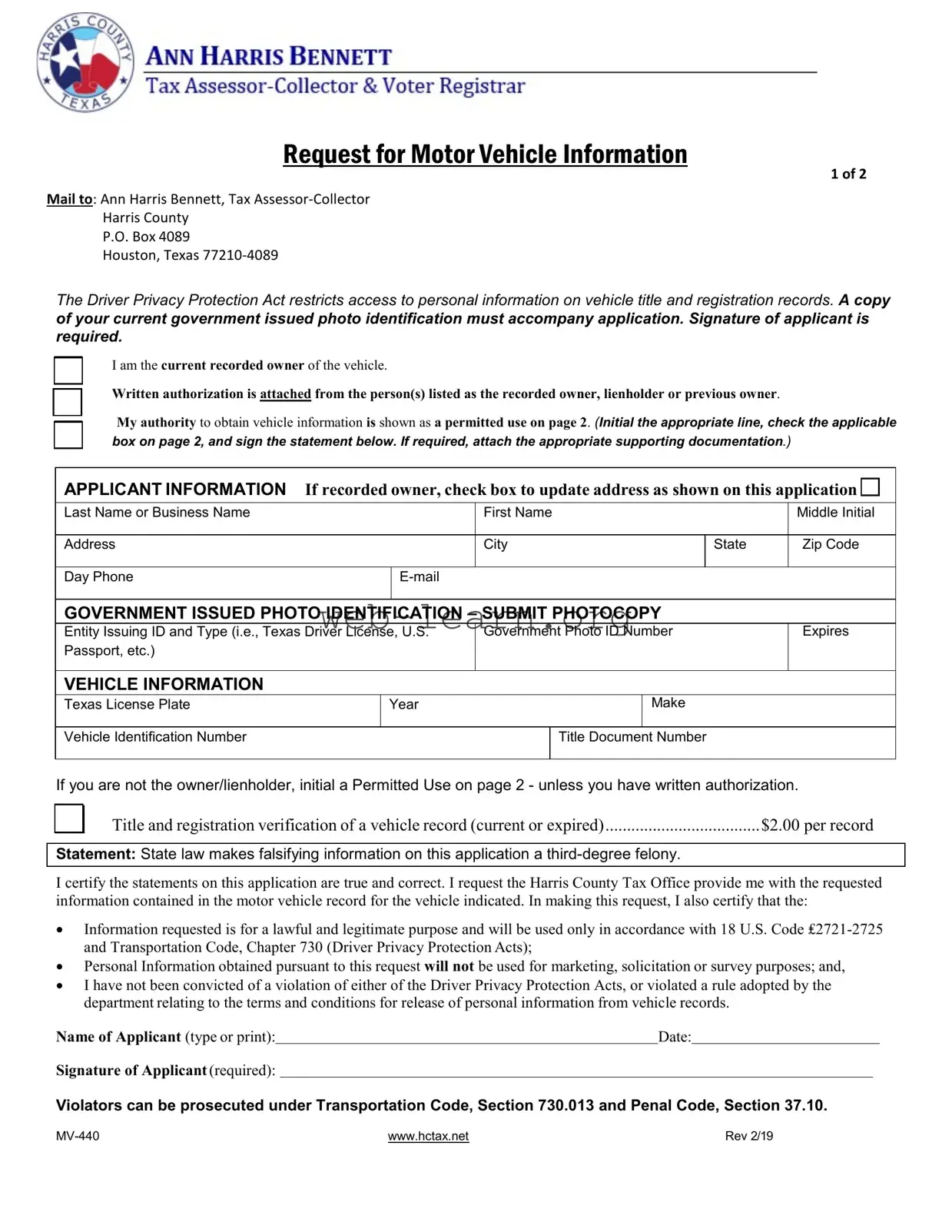 Blank Texas Mv 440 Form