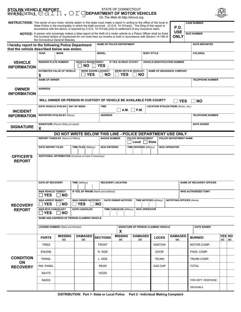 Blank H 108 Connecticut Form