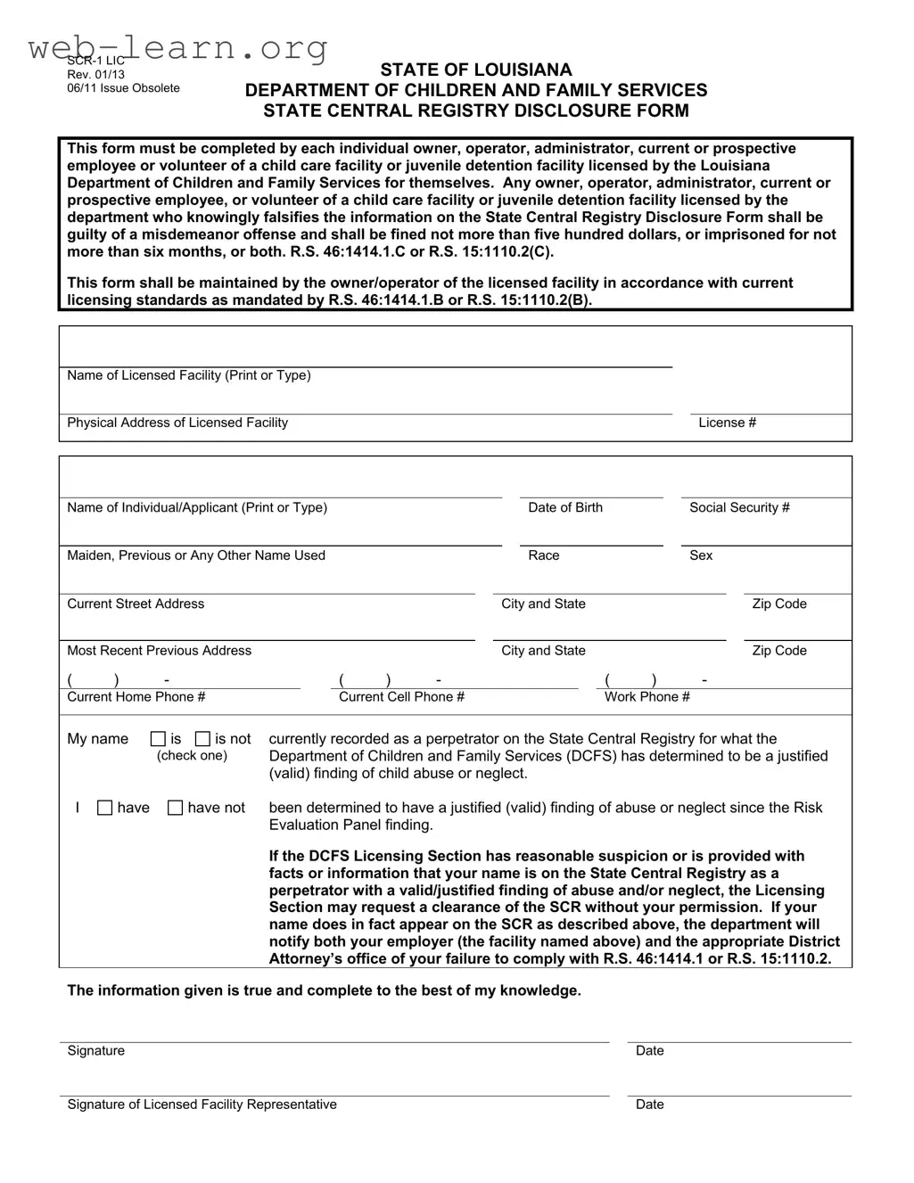 Blank Louisiana Central Registry Form