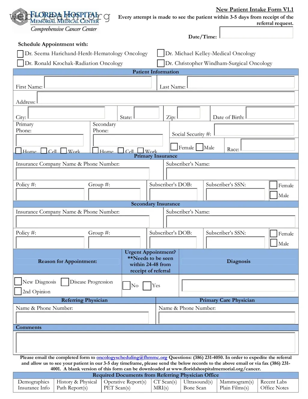 Blank Florida Hospital Form