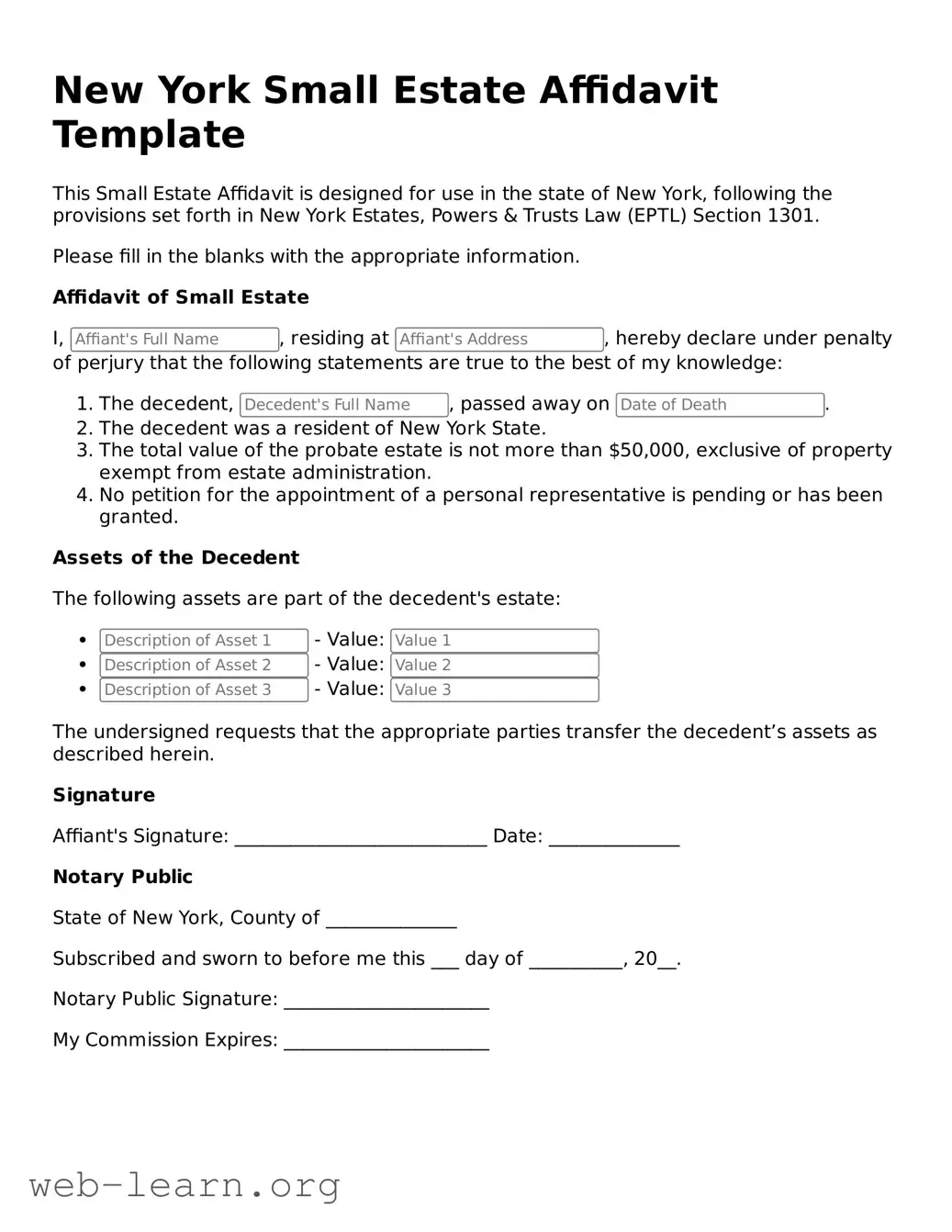 Attorney-Approved Small Estate Affidavit Document for the State of New York