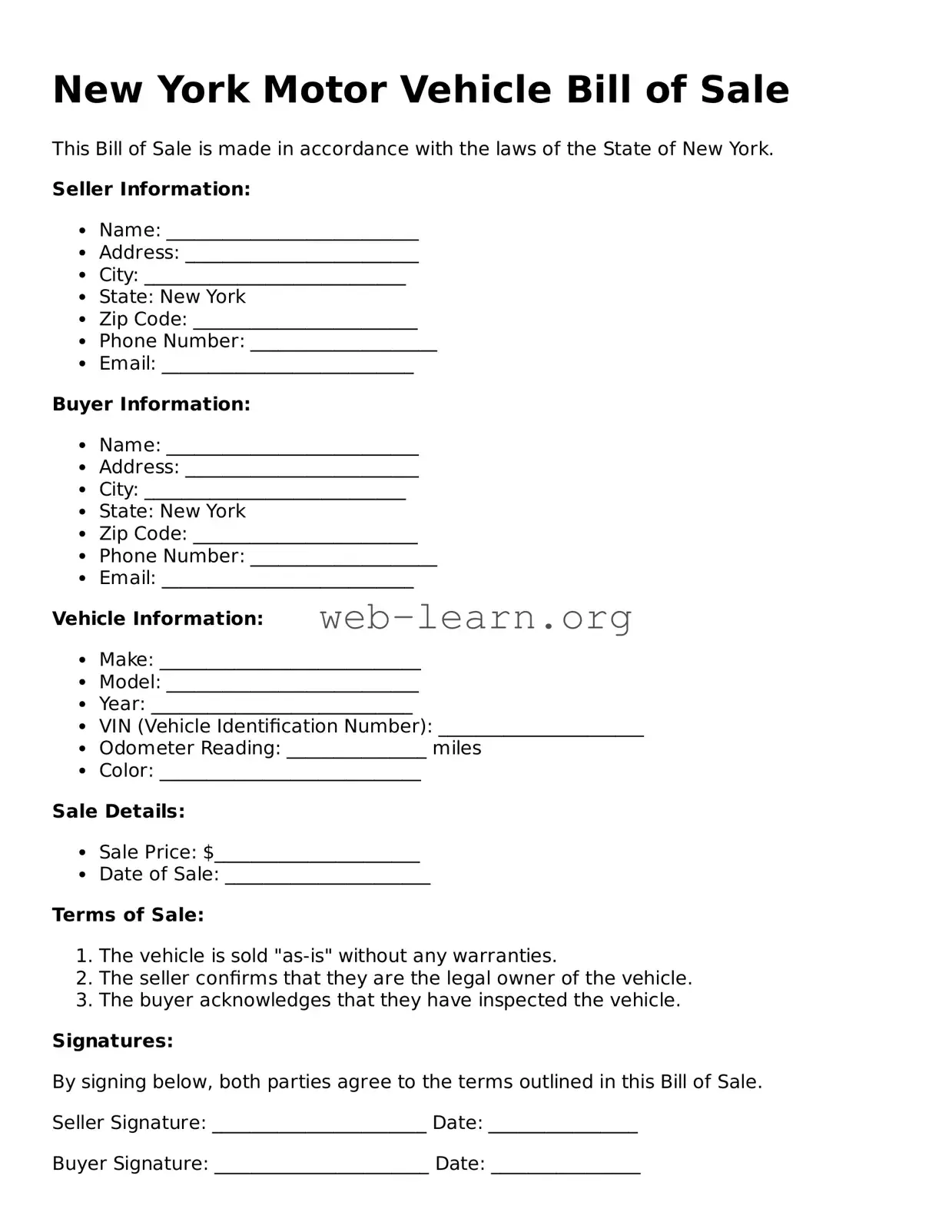 Attorney-Approved Motor Vehicle Bill of Sale Document for the State of New York