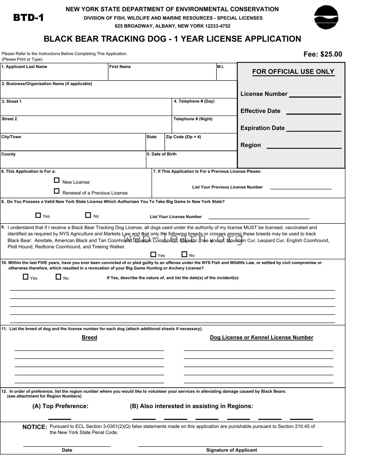 Blank New York Btd 1 Form