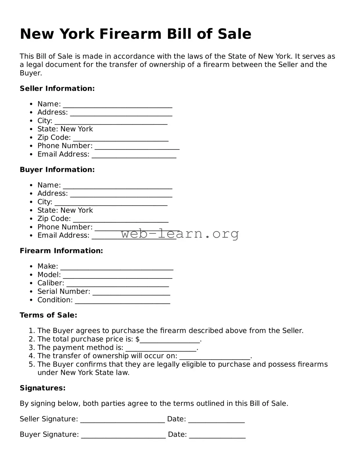 Attorney-Approved Firearm Bill of Sale Document for the State of New York