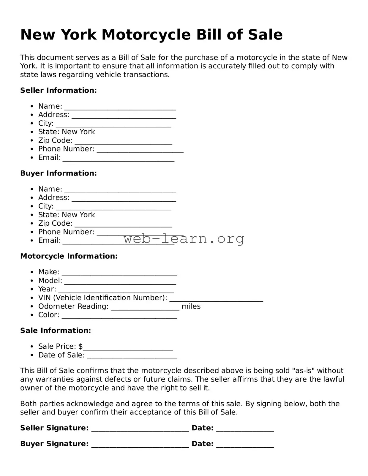 Attorney-Approved Motorcycle Bill of Sale Document for the State of New York